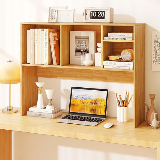 GOFLAME 4 Cubes Desktop Bookshelf, 37” Tabletop Wood Desk Shelf for Computer Monitor, Modern Countertop Desk Display Hutch Storage Organizer Shelf for Home Office, Dorm, Study, Burlywood