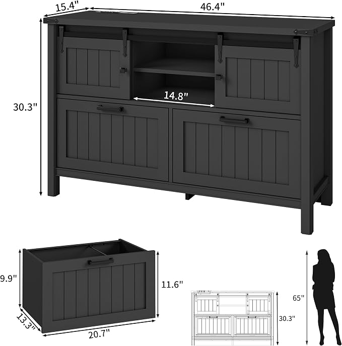 2 Drawer Lateral File Cabinet with Outlets & Charging Station for Files Letter/FC/A4, Farmhouse Filing Cabinets for Home Office Storage, Wooden Print Stand, 46.4" Wide, Black