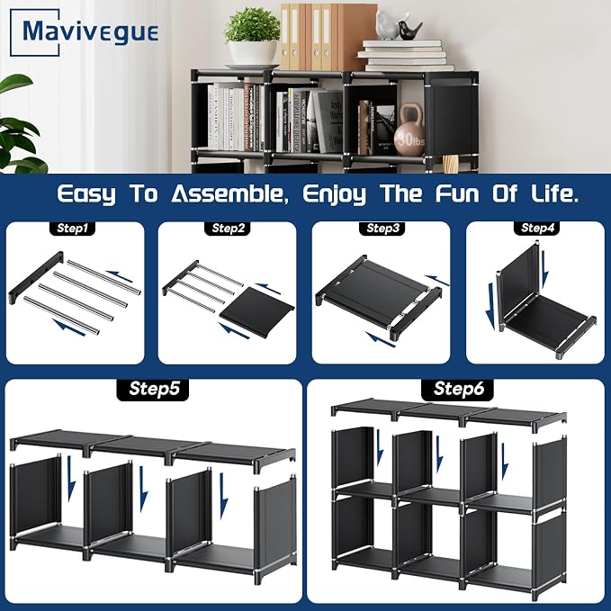 Mavivegue Book Shelf, Cube Storage Organizer, DIY Bookcase, Metal Bookshelf,Tall Book case for Bedroom, Living Room,Office,Closet, Cubicle Rack (6-Grid,Black)