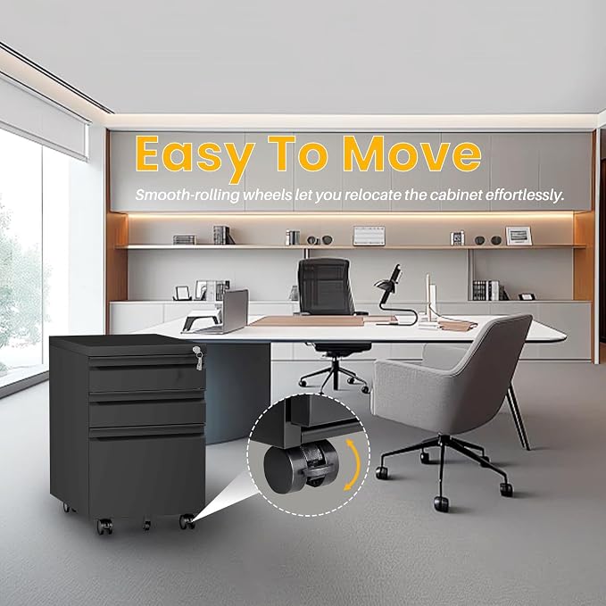 3-Drawer Mobile Steel Filing Cabinet with Lock, Fully Assembled Under Desk File Cabinet for Letter/Legal/A4 Size, Heavy Duty Storage Organizer for Home Office