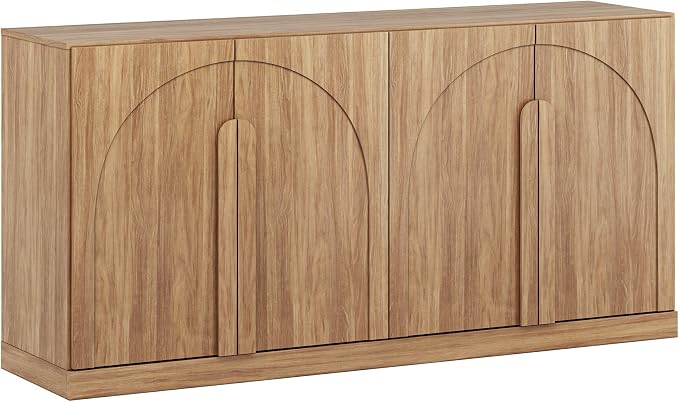 BELLEZE 64" Kitchen Storage Cabinet with Adjustable Shelves, Freestanding Accent Cabinet with Arch Wood Doors for Living Room, Dining Room, Entryway, Camel