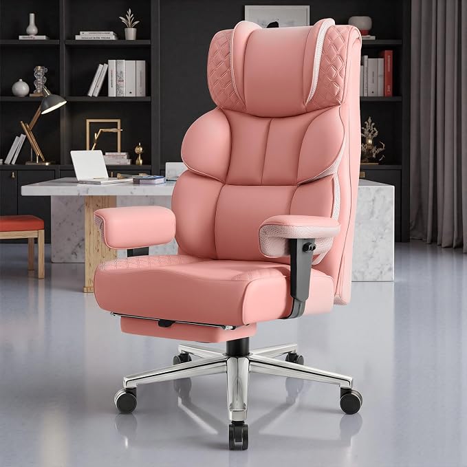 BestGlory Office Desk Chair, Big and Tall Leather Gaming Chair with Footrest, Ergonomic Comfy Executive High-Back Reclining Computer Chairs, Wide Swivel Rolling Wheels and Padded Lumbar Support, Pink