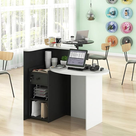 Giantex Reception Desk, Front Counter Desk with Lockable Drawer, Checkout Table with Round Tabletop, Corner Shelf & Adjustable Shelf for Office Beauty Salon Retail Store (Black & White)