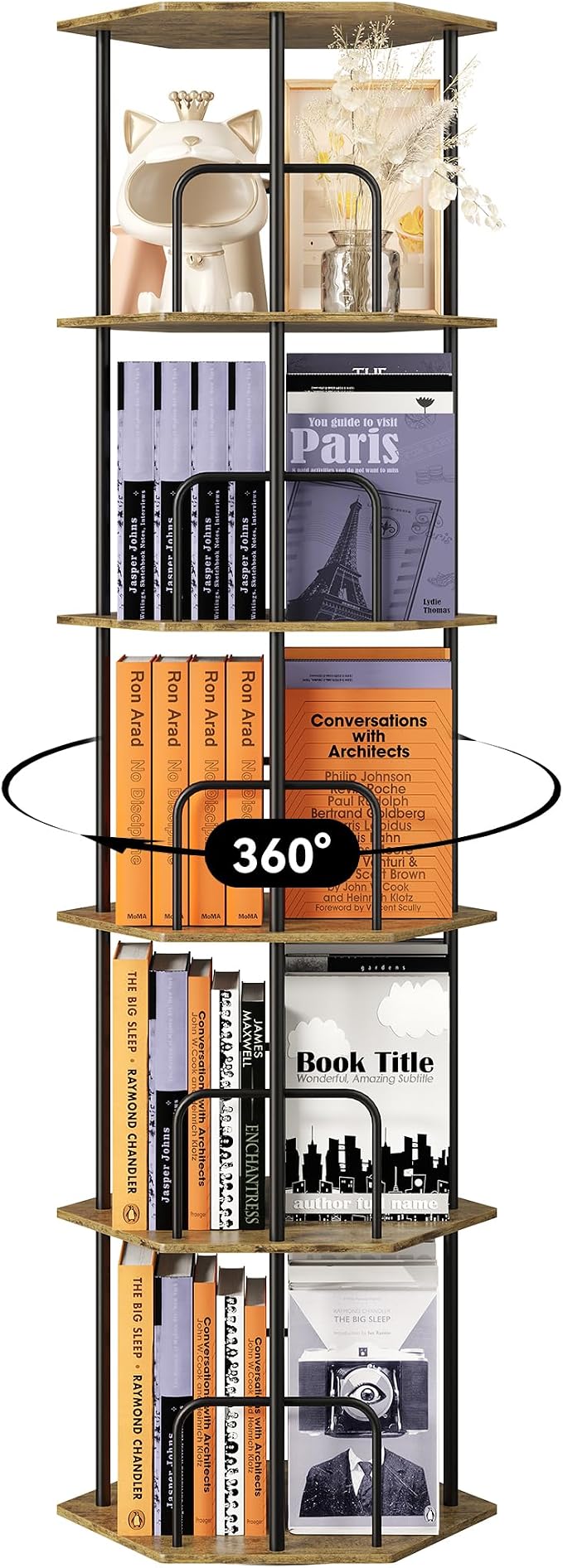 SUNMORY 5 Tier Rotating Bookshelf Tower, Revolving 360 ° Spinning Bookcase, Hexagonal Corner Book Shelf Storage Carousel, Vertical Rotate Turning Organizer Book Shelves for Living Room Office Bedroom
