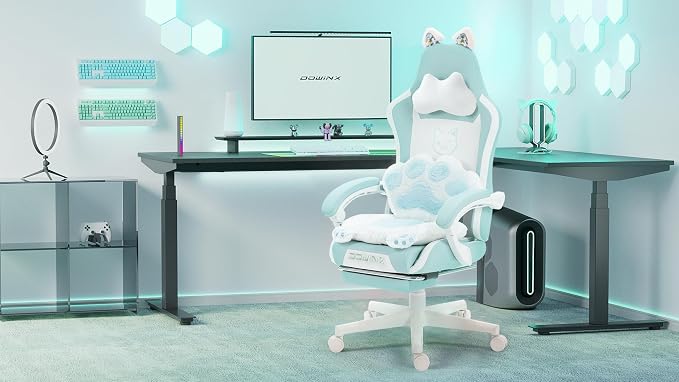 Dowinx Gaming Chair with Cat Ears and Massage Lumbar Support, Ergonomic Computer Chair with Footrest and Headrest, Comfortable Reclining Game Chair 291lbs for Adults, Blue