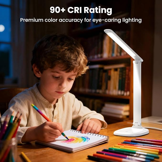 Desk Lamp with Charger, 10%-100% Stepless Dimmable & 5 Color Modes Study Lamp, Touch Control, 30-/60-minute Timer, USB Charging Output Port, CRI≥90, Eye-Caring Foldable LED Desk Lamps for Home Office