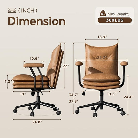 Brown Leather Office Chair with Triple-Layer Seat, Home Desk Chair | Comfy 7.3-inch Thick Cushion, Mid Back Ergonomic Support for Long Hours, Smooth Silent Wheels, Mid-Century Vintage Style