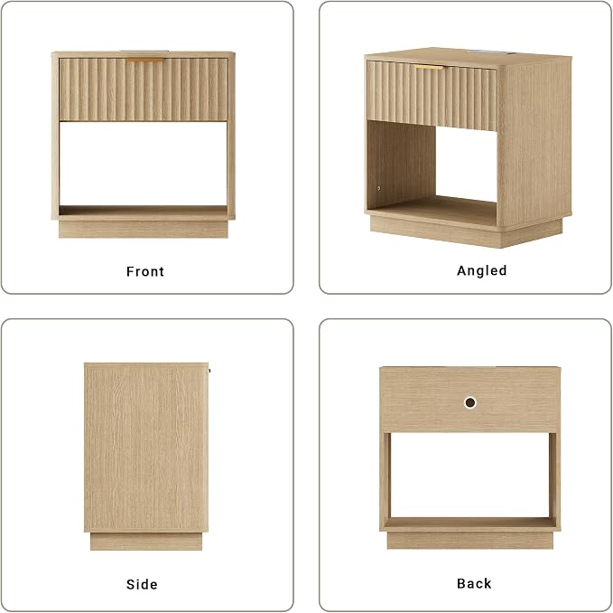 Fluted Nightstand, Night Stand Set 2, 23" Wide Nightstands Set of 2 with Charging Station, Large Wooden End Table with Drawer, Modern Bedside Table for Bedroom, Curved Corners, Natural Oak