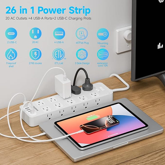 Power Strip Surge Protector Flat Plug with 20 AC Outlets 6 USB Chagring Ports, 1875W/15A, 2700J, 10 Ft Heavy Duty Extension Cord for Home, Office, Dorm, Gaming,ETL Listed (White, 10FT)