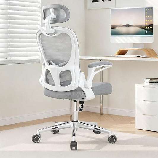 Office Chair, Ergonomic Breathable Mesh Chair,Flip-Up Arms and Adjustable High Back Lumbar Support,Comfy Computer Chair for Home Office (Grey, 407)