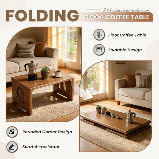 Folding Floor Coffee Table, Japanese Bamboo Foldable Coffee Tables, Portable Living Room Low Table, Versatile Tatami Meditation Tea Table for Dining Room, Wooden Desk for Home, Office (80X37CM)