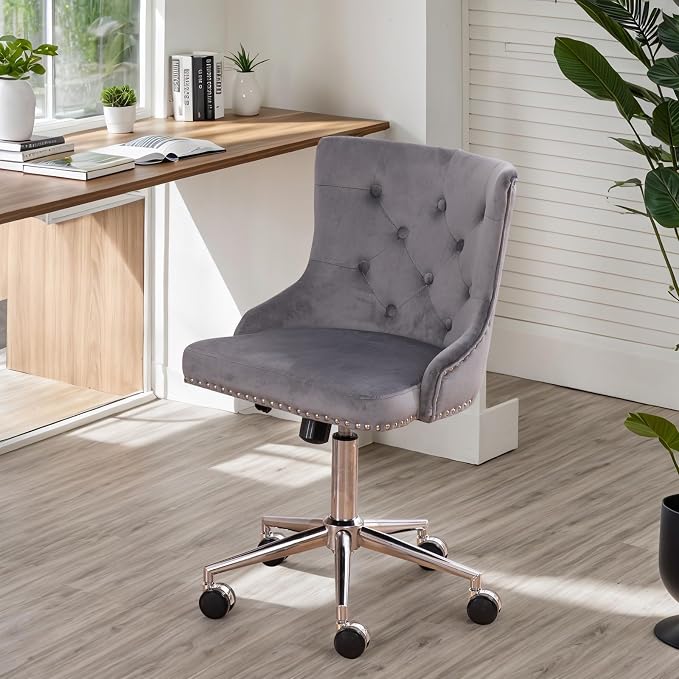 VINGLI Grey Velvet Armless Home Office Desk Chair with Silver Chrome Base/Wheels, Small Cute Vanity/Makeup Chair with Back for Bedroom, Upholstered Adjustable Rolling Swivel Nail Chair for Women/Girls