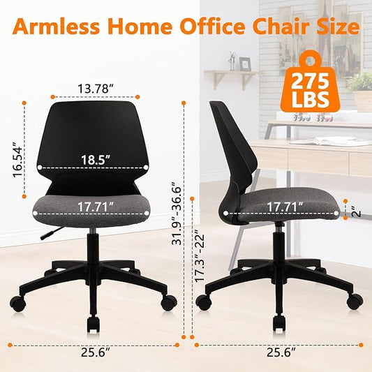 CLATINA Armless Home Office Chair, Desk Chair with Wheels, Adjustable Height Reading Chairs, Small Swivel Computer Chair, Comfy Upholstered Task Chair for Office Meeting, Black