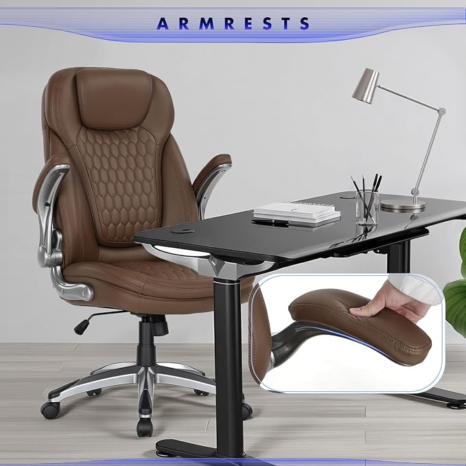 COLAMY Office Chair Ergonomic Desk Chair Set of 2-Executive Office Chair with Upgraded Caters, High Back Computer Chair Flip-up Arms, Swivel Leather Chair for Work/Study, 300lbs, Brown