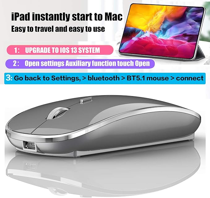 Bluetooth Mouse for iPad pro iPad Air Mac MacBook Pro MacBook Air MacBook Laptop Chromebook Win8/10/11 HP DELL PC