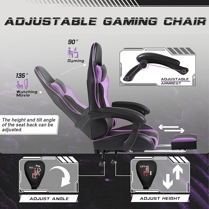 Shahoo Gaming Chair with Footrest and Massage Lumbar Support, Computer Chairs, Video Racing Seat Height Adjustable with 360°Swivel and Headrest for Office or Bedroom, Purple
