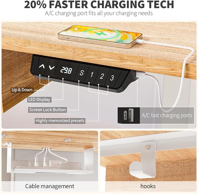 Kingant 63 x 30 Inch Electric Standing Desk with 4 Drawers, Adjustable Height Computer Desk for Home Office, Large Workstation Sit Stand Up Desk with Built-in USB A/C Ports, Nature