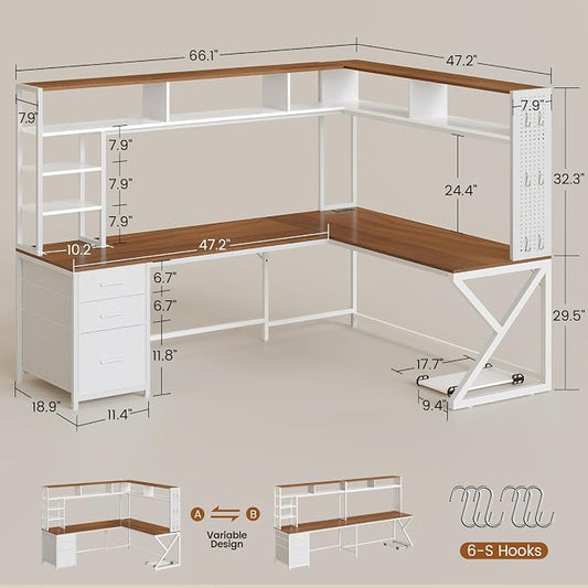 SEDETA L Shaped Gaming Desk with Storage Drawers and Hutch, Convertible 94.5" Computer Desk with Drawers, Corner Computer Desk with Power Outlet, LED Lights, Pegboard for Home Office, White and Brown