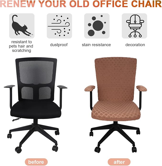 Tatuo 3 Pcs Computer Office Chair Cover Universal Rotating Chair Slipcovers Protector Removable Washable Office Armrest Covers with Zipper for High Back Seat Backrest(L,Merbau,Coffee)