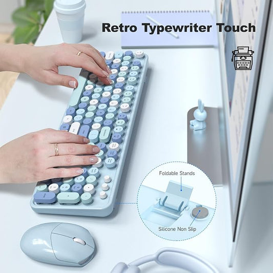 Wireless Keyboard and Mouse Combo, 2.4GHz Retro Full-Size Typewriter Keyboard with Number Pad and Wireless Mouse for PC/Laptop/Desktop/Windows (Pale Blue)