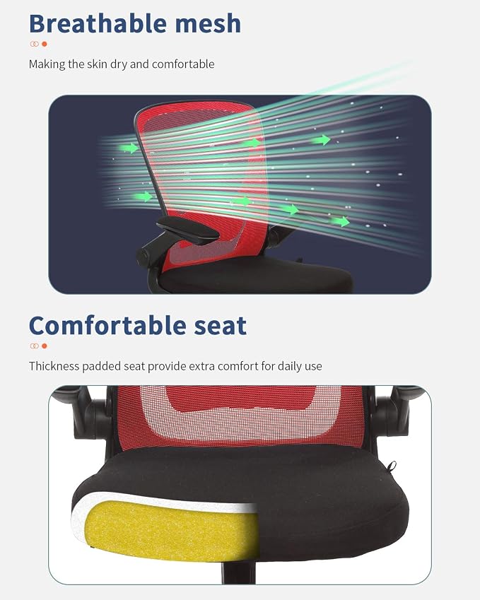 Home Office Chair Ergonomic Desk Chair Mesh Computer Chair with Lumbar Support Flip-up Arms Swivel Rolling Executive Task Chair Adjustable Chair for Adults(Red)
