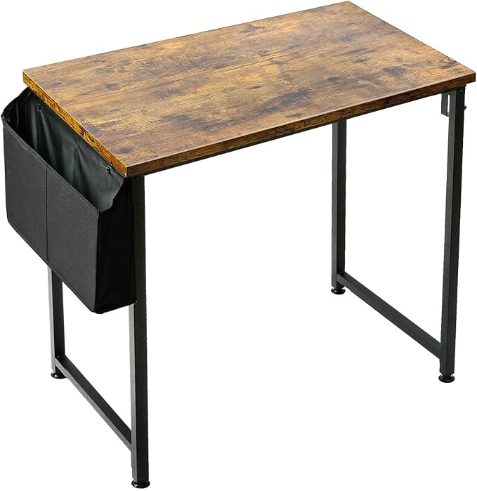 Lufeiya Small Computer Desk Study Table for Small Spaces Home Office 31 Inch Rustic Student Laptop PC Writing Desks with Storage Bag Headphone Hook,Brown