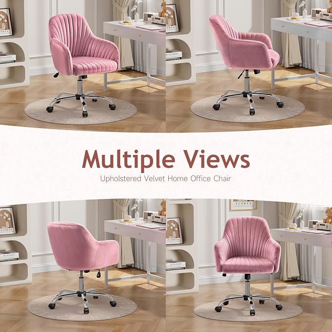 Warmiehomy Vanity Chair, Velvet Office Chair, Desk Chair for Home Office, Comfy Task Chair with Arm Rest for Reading Makeup, Dusty Rose