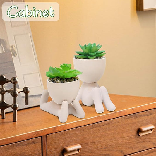 Zerzsy 2PCS Cute Artificial Succulent Plants with Creative Human Shaped Pots, Desk Decoration Artificial Fake Plants Indoor for Home Office Decoration(Cream Color)