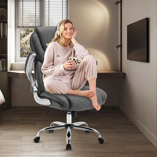 Leather Executive Office Chair, Big and Tall High Back Ergonomic Desk Chairs with Wheels, 90-120° Rocking Managerial Home Computer Chairs with Flip up Arms and Lumbar Support, Grey