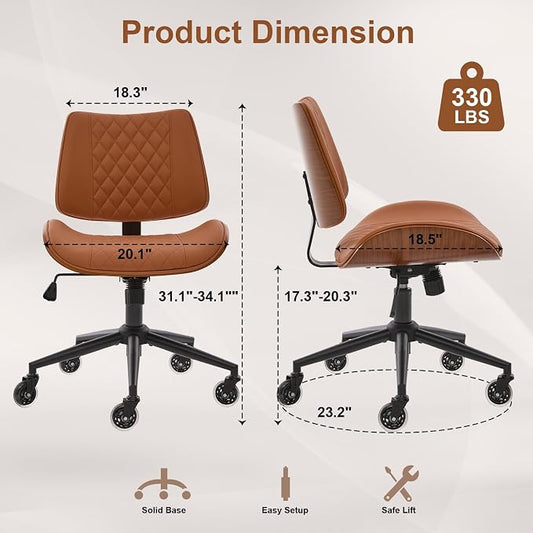 Armless Office Chair with Wheels, Ergonomic Leather Chair, Mid Back 360 Swivel Computer Chair, Modern Walnut Desk Chair for Small Space, Reading, Meeting Room, Brown, Faux Leather