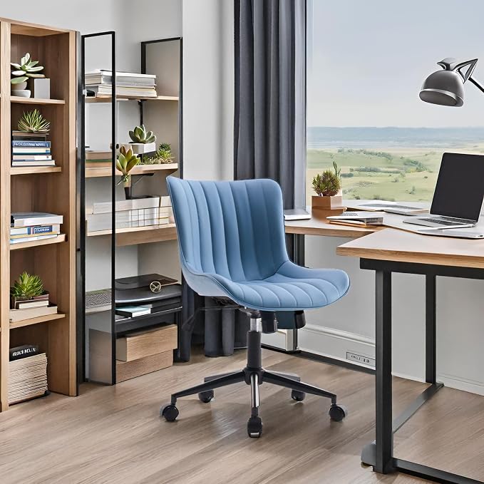 YOUNIKE Blue Office Desk Chair with Wheels Comfy Armless Vanity Chair with Back Modern Small Faux Leather Upholstered Rolling Task Chair Cute Computer Drafting Sewing Chair Swivel Adjustable Compact