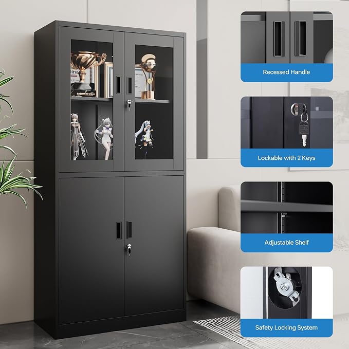 PEUKC Display Storage Cabinet with Glass Door, 71 Inches Metal Curio Cabinet with 2 Adjustable Shelves, Locking Glass Display Case for Home, Office, Clinic, Pantry, Assemble Required (Black)