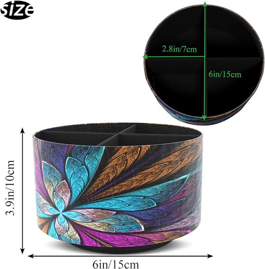 Round Leather Art Supply Organizer,Remote Control Holder,360 Degree Rotating,Multi-Functional Pencil Holder,4 Compartments Desktop Stationary Organizer(1-Fractal Flower) | Round