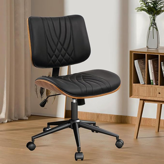CLATINA Armless Home Office Chair, Desk Chair with Wheels, Adjustable Height Reading Chair, Leather Mid Back & Swivel Computer Chair, Modern Walnut Chairs with Back for Study Meeting Room(Black) 2Pack