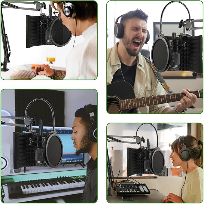 Microphone Isolation Shield with Mic Stand and Pop Filter, Foldable Sound Shield for Most Condenser Microphone Recording Equipment Studio, High Density Absorbent Foam to Filter Vocal by Frgyee