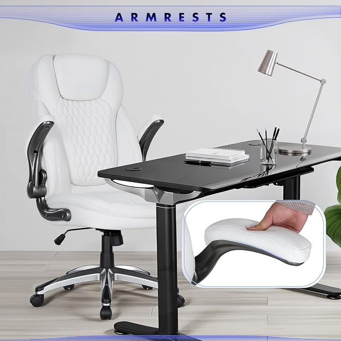 COLAMY Office Chair Ergonomic Desk Chair Set of 2-Executive Office Chair with Upgraded Caters, High Back Computer Chair Flip-up Arms, Swivel Leather Chair for Work/Study, 300lbs, White