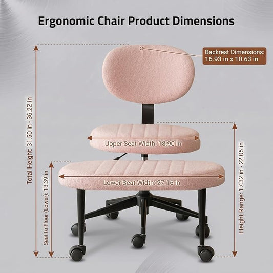 Cross Legged Office Chair with Wheels, 360 Swivel Height-Adjustable Meditation Chair with Lumbar Support, Pink