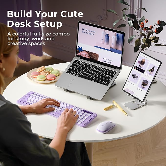 seenda COE202 Wireless Bluetooth Keyboard and Mouse Combo, Star Purple | USB & Dual Bluetooth for 3-Device Switching, Soft Quiet Round Keys, Silent Clicks, Full-Size for PC/Laptop/Mac/MacBook/iPad
