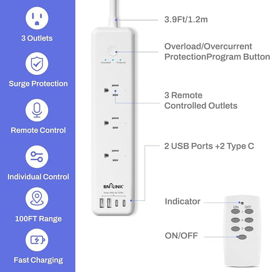 BN-LINK Remote Control Power Strip with 3 Independent Outlets,4 USBs (incl. 20W USB-C), 3.9Ft Extension Cord, 15A/1875W Overload Protection, Wall Mount, for Home, Office, ETL Listed, 1200J