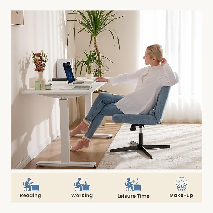 DUMOS Criss Cross Chair No Wheels Legged Office Wide Comfy Desk Vanity Chair, Armless Computer Task Seating, Swivel Home Height Adjustable for Bedroom, Study, Fabric, Blue No Wheel