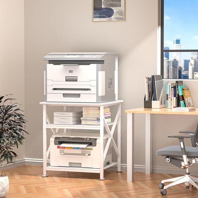 Printer Stand, 23.6 x 23.6 Inches Large Printer Stand with Adjustable Storage Shelf, 3 Tier Printer Table for Home Office, Rolling Printer Cart with Industrial Wheels, Mini Fridge Stand Table, White