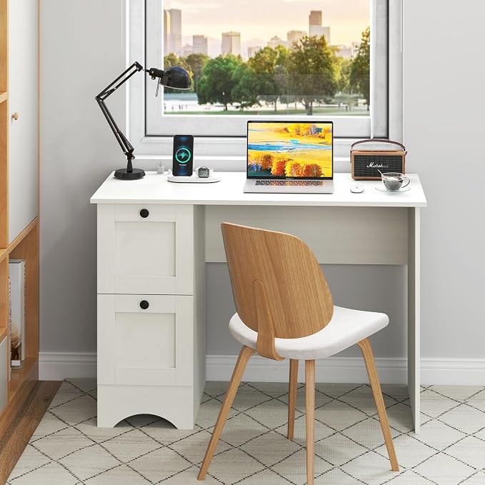 Giantex Computer Desk with 2 Drawers, 43” Wooden Home Office Desk with Charging Station, Compact Study Writing Desk, Modern Laptop PC Desk Computer Workstation for Bedroom, Living Room (White)