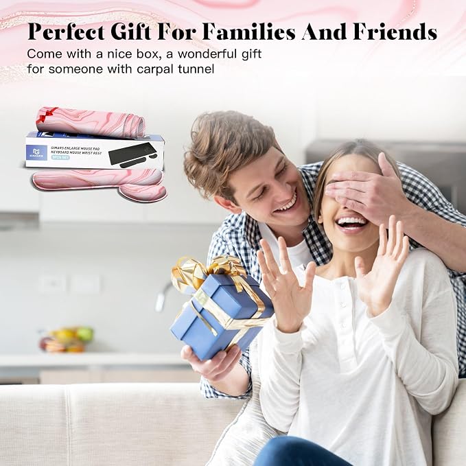 Gimars 4 in 1 Mouse Pad and Keyboard Wrist Rest Set, Large Mouse Pad with Memory Foam Wrist Support Pad for Desk with Coaster, Easy Typing Pain Relief, Gaming Office Home, 31.5x12 inch, Pink Golden