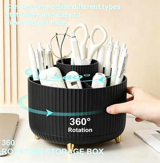 Pencil Pen Holder 5 Slots 360°Degree Rotating Pen Organizers for Desk Desktop Storage Stationery Supplies Cute Pencil Cup Pot Kids Desk Organizer for Office Home School(Black)