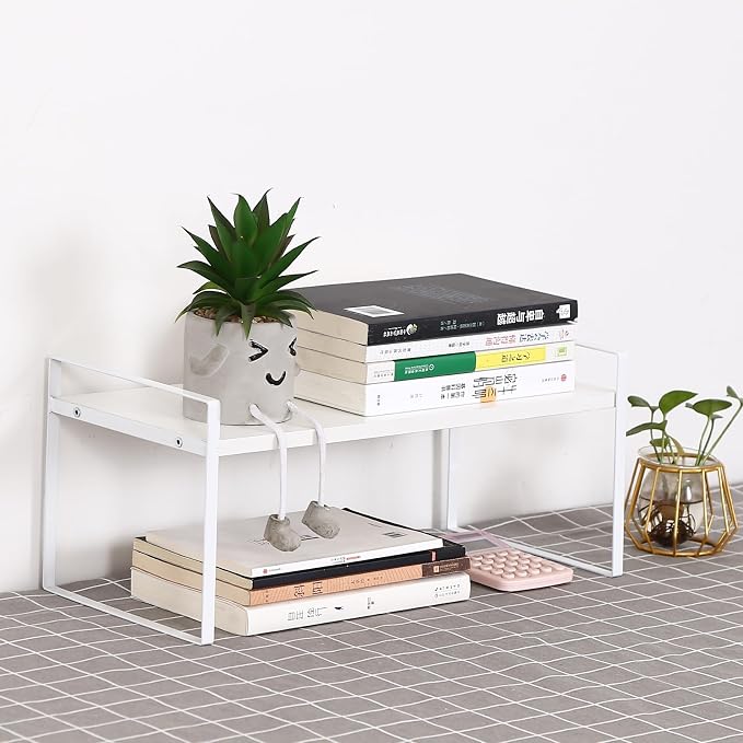 YGYQZ Wood Office Desk Shelf Organizer - Desktop Supplies Cute Dresser Top Organization Storage Rack and Cubicle Decor Aesthetic Bookshelf for Women Man and Kids(White-Single Tier)