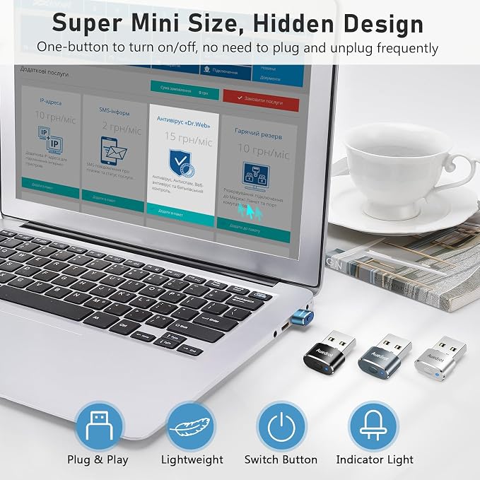 AUEDROT Mouse Jiggler Undetectable Metal USB Mouse Mover with Switch Button, Automatic Mini Mouse Shaker with 2 Jiggle Modes, Driver-Free, Plug and Play, Keep Computer/Laptop Awake, Blue, 2 PCS