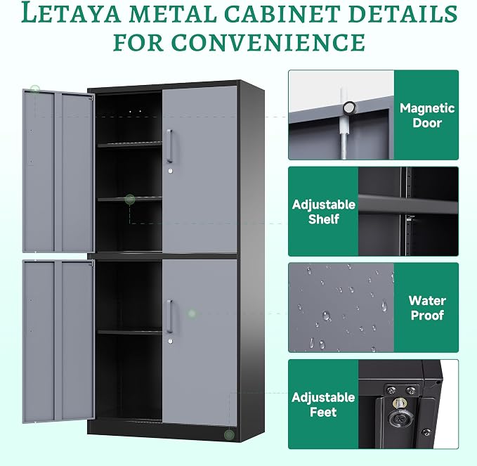 Letaya Metal Storage Cabinets with Lock Door and Shelves, Steel Garage Tool Cabinets for Home,Office, Warehouse,Lockers(71"-Black Gray)