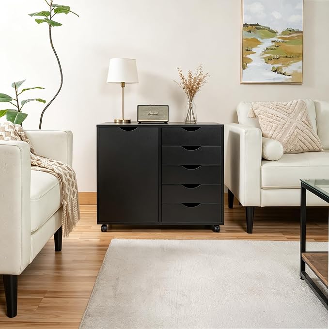 SweetGO 5 Drawer Wood File Cabinet with Wheels, Large Storage Printer Stand for Home Office, Rolling Cabinet Organizer with Reinforced Structure (Black)