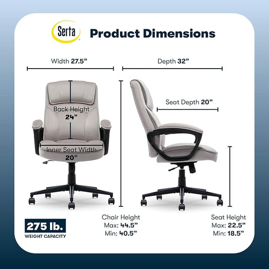 Serta Comfort Classic Executive Office Chair, Ergonomic Mid-Back Computer DeskChair with Lumbar Support, Semi-Plush Cushion and Body Pillows, Padded Armrests, Swivel Base, Taupe Velvet Fabric