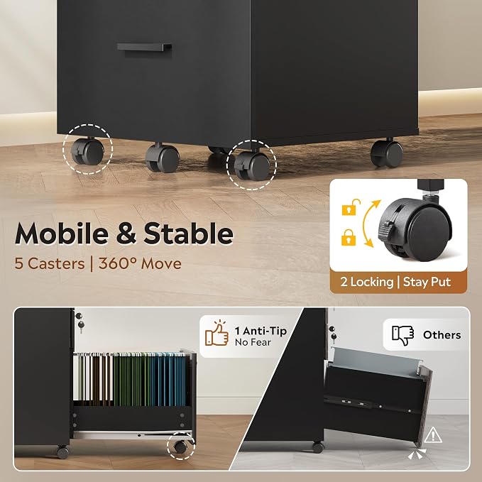 DEVAISE 3 Drawer Mobile File Cabinet with Lock & Wheels, Wood Printer Stand, Filing Cabinets for Home Office, Fits Letter/A4 Size, Black
